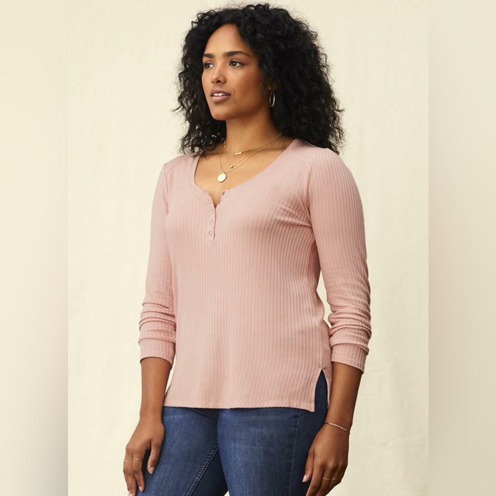 Matilda Jane Shirt Womens Large Pink Ribbed Henley Long Sleeve Knit‎ Top Scoop
